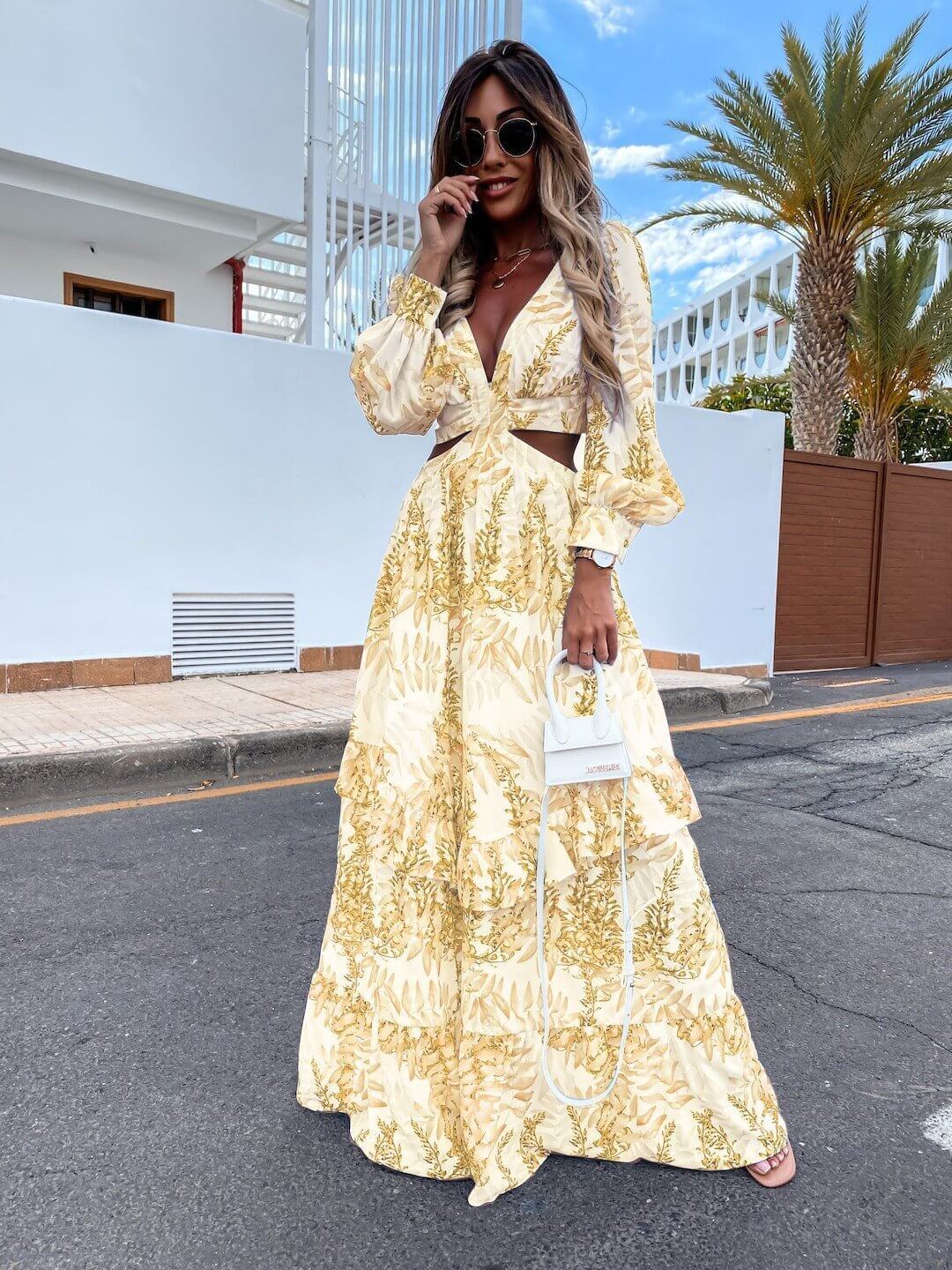 Elegant V - Neck Long - Sleeve Floral Print Maxi Dress for Women - HalleBeauty